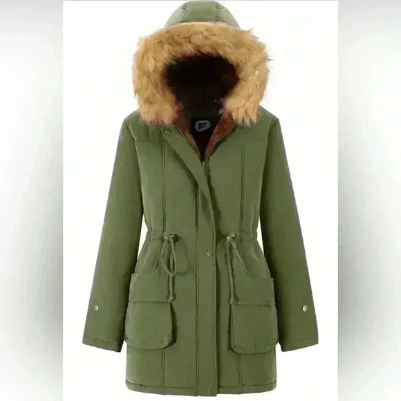 Beyove Jackets & Blazers - Women's Winter Olive Green Coat Hooded Warm Jacket with Fur Trim Size Medium